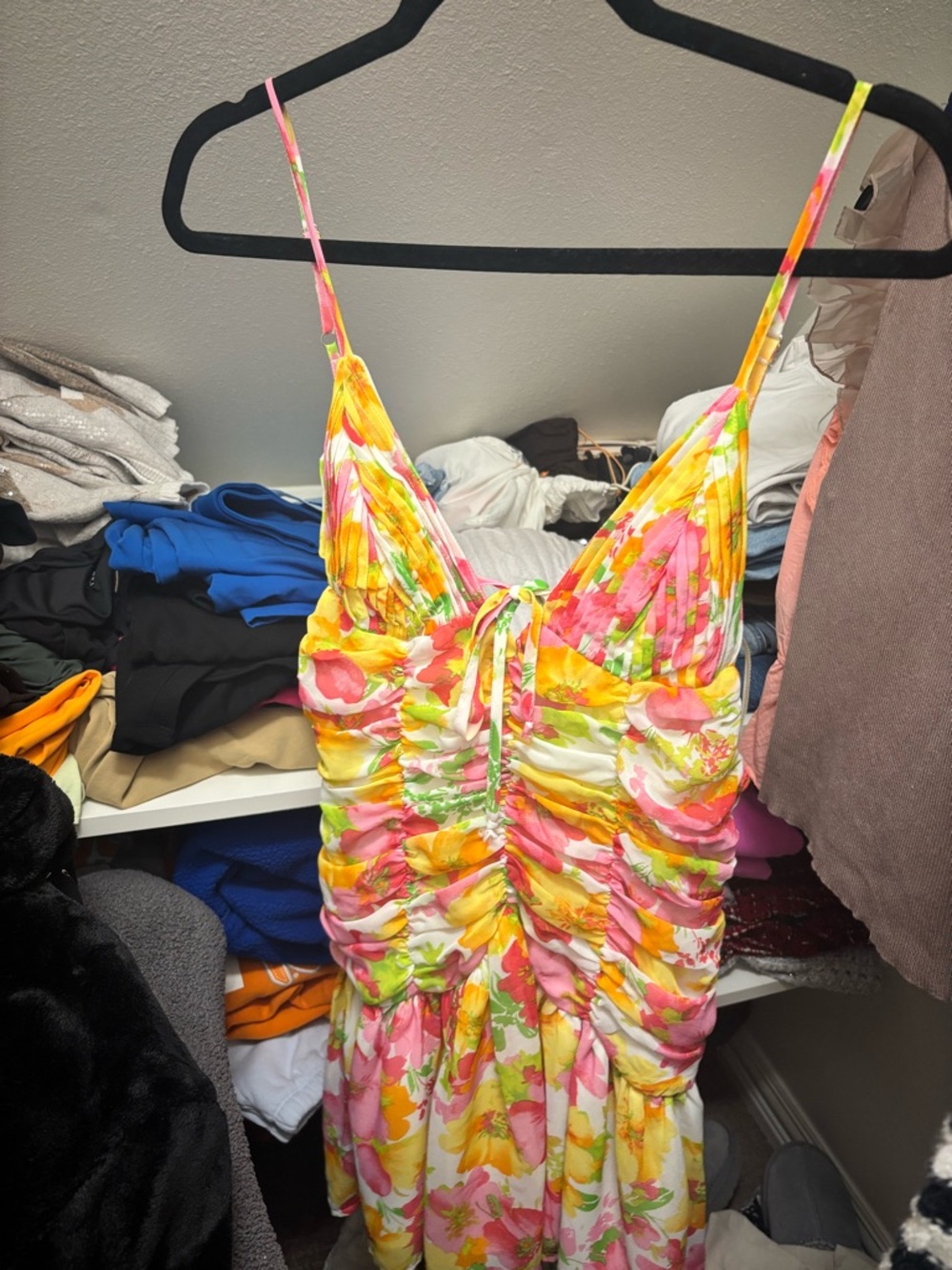 Floral Ruched Spaghetti Strap Sundress - Yellow, Pink, Green